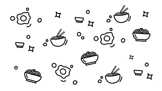 Hand drawn doodle art illustration of foods featuring noodle, fried egg, ramen, chopsticks, and breakfast elements in black and white sketch.