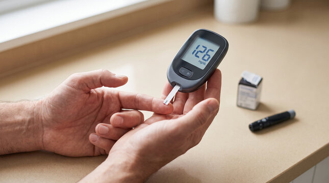 Person using blood glucose meter to measure blood sugar level at home