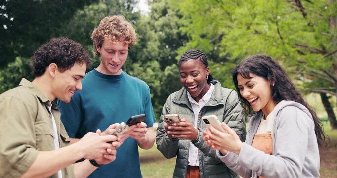 University, laugh or friends in park with phone, funny text or comic reaction on social media. Humor, happy people or students outdoor with tech, college bonding or gen z meme in online group chat.