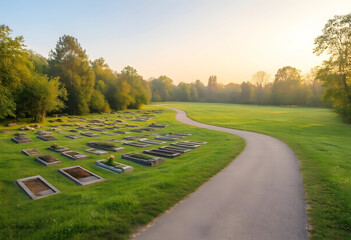 Fototapeta premium Grief and remembrance, peaceful cemetery with graves in a green park at sunrise with a winding path for funeral reflection and memorial services