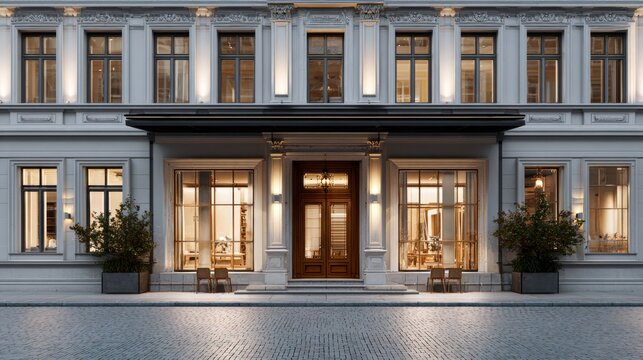 Elegant storefront facade with blank sign mockup above glass doors for retail branding