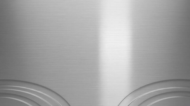 Abstract brushed platinum metal surface with sweeping light reflections and circular metallic accents, creating a sleek industrial background.