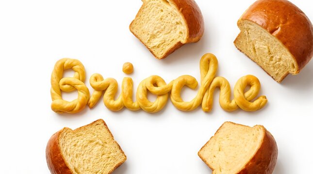 Fresh baked brioche bread arranged with slices and the word spelled out on white background homemade delicious breakfast traditional textured