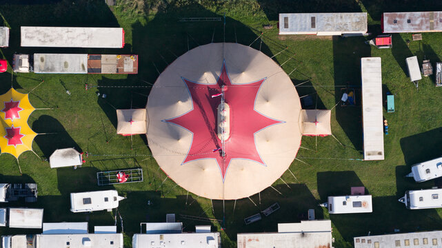 Aerial view of circus tent and showground