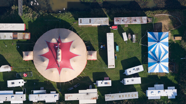 Aerial view of circus tent and showground