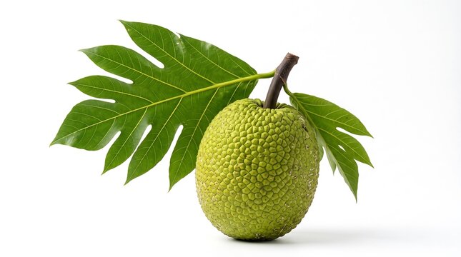 Whole breadfruit with textured green skin and large, lobed tropical leaves on a white background