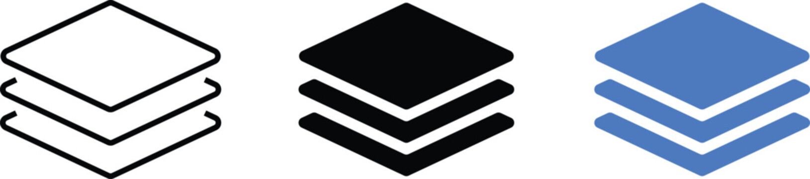 Layer icon set outline and solid. Stacked sheet symbols. Content organization and tier level signs