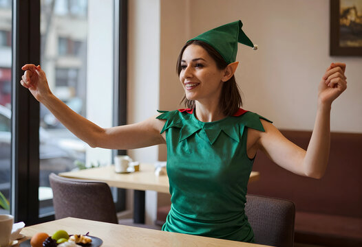 Christmas celebration and holiday spirit, happy woman wearing elf costume dancing in cafe during festive season with joy and excitement for winter party