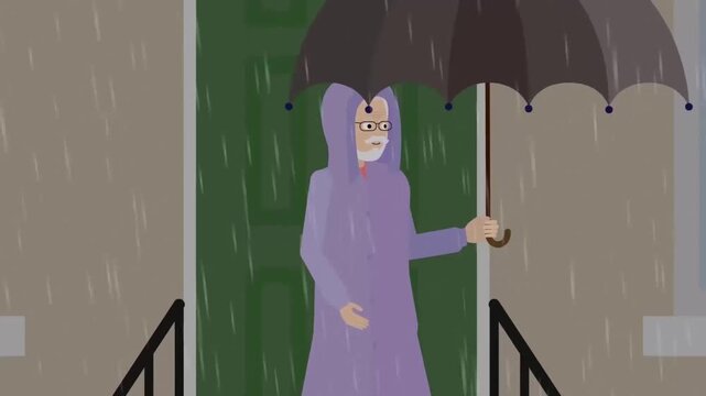 Animated elderly man holding umbrella outside in heavy rain wearing purple raincoat video footage motion