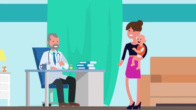 Pediatrician consultation video clip showing mother holding baby talking to doctor in bright clinic room animation