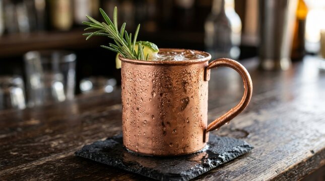 A cold moscow mule cocktail sits on a bar counter with a fresh garnish.