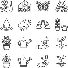 Fototapeta premium Gardening and nature line art icons set for spring planting and