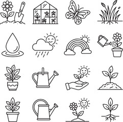 Fototapeta premium Gardening and spring nature line art icons set for agriculture and