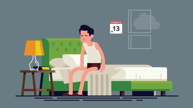 Depressed man waking up early in morning sitting on bed in bedroom during video motion clip animation