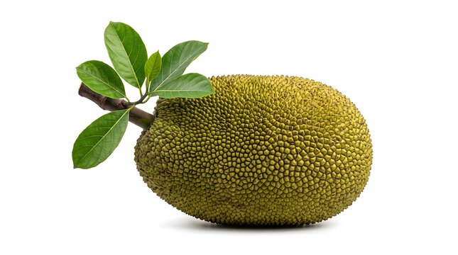 Whole jackfruit with green leaves attached, isolated on white background
