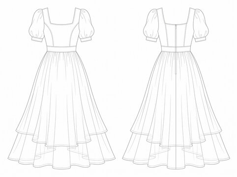 Fashion design technical flat sketch of elegant mermaid evening gown with flared hem front and back view