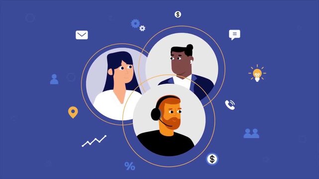 Diverse business team video conferencing with floating icons in flat vector illustration motion design
