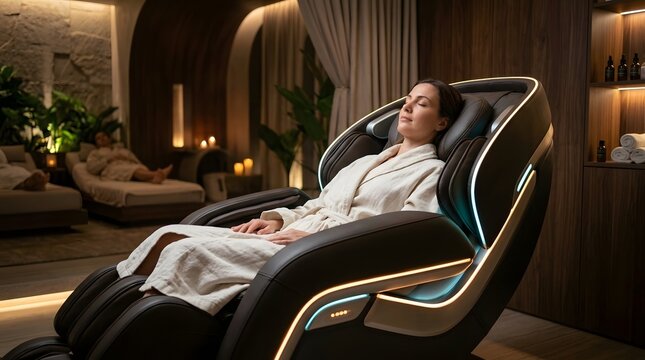 A woman wearing a white robe reclines in a high tech massage chair with glowing accents  surrounded by warm lighting  greenery  and spa furnishings