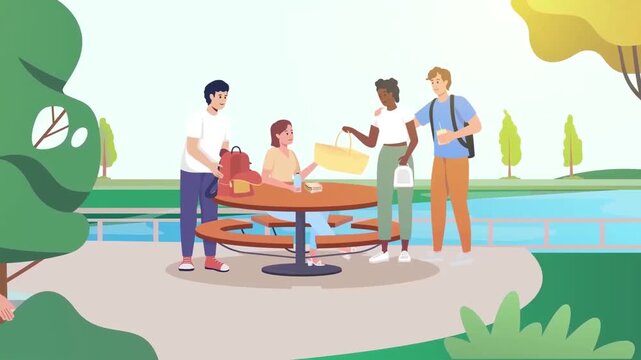 Animated friends gathering around a park picnic table eating food in this vibrant vector motion graphics video clip