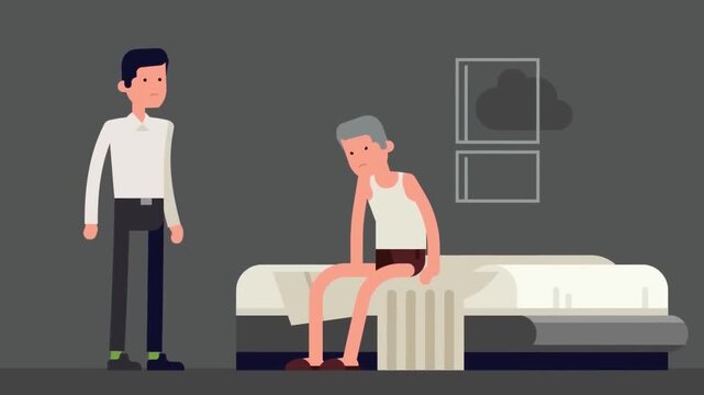 Depressed elderly man sitting on a bed while another concerned person stands beside him in interior video animation