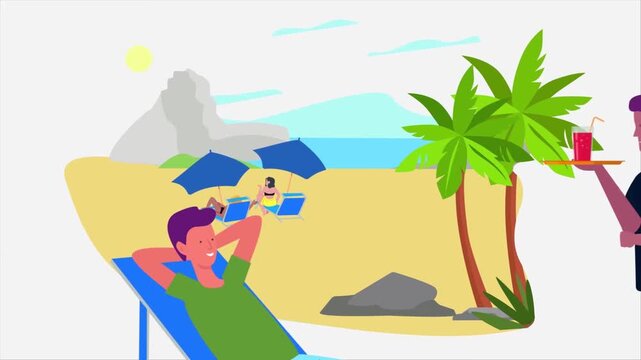 Animated vector video footage of a relaxed man enjoying his sunny tropical beach vacation sitting in lounge chair
