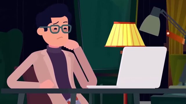 Frustrated man sitting at desk looking at laptop screen in animated video footage style animation