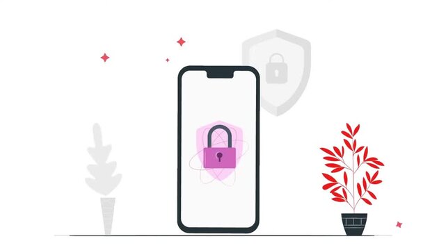 Mobile phone security lock animation featuring shield protection and safety icons in minimalist vector motion graphics footage