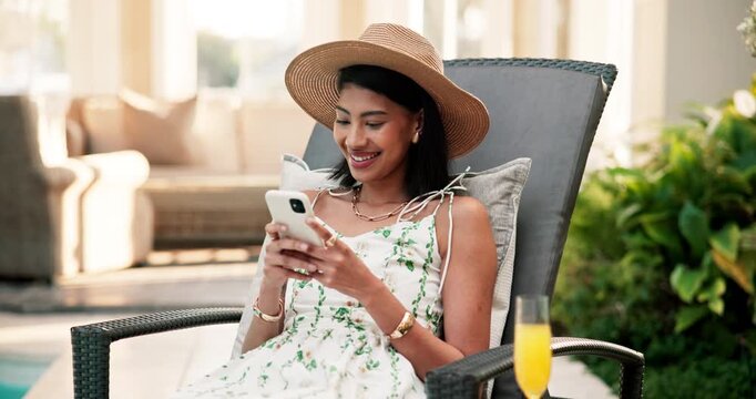 Woman, relax and phone at resort for travel, booking and social media update for critic reviews. Smile, person and tourist at retreat with mobile, guest opinion and itinerary information on vacation