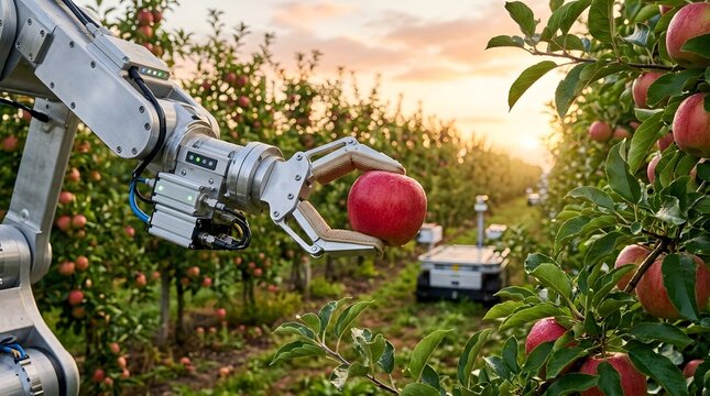 A robotic arm with a gripper is harvesting a red from a tree in an orchard  with rows of trees and a small vehicle visible under a warm sunset sky