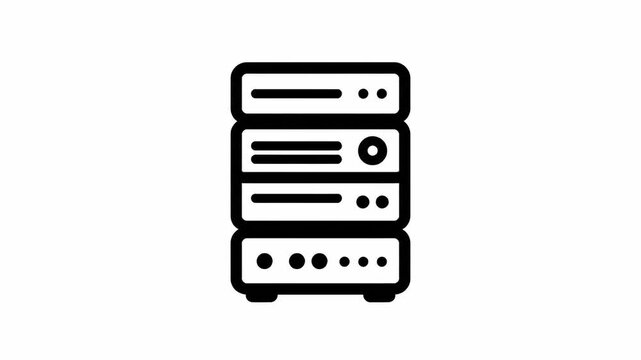 Server rack data center hardware icon animation with glowing black and white digital motion vector graphics