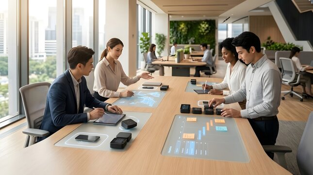 Four individuals engage with digital interfaces on a smart table in a contemporary office space featuring large and visible greenery