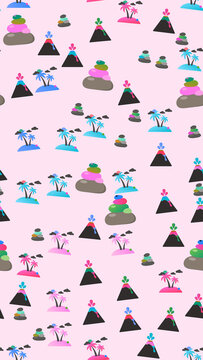 Cartoon pattern of volcanoes, islands, and stacked stones