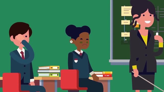 Animated classroom video footage featuring a female teacher standing in front of students studying at wooden desks