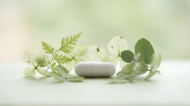 A white capsule pill is surrounded by various green leaves and translucent dried hydrangea petals on a smooth  light green background