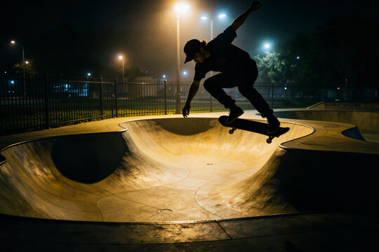Skateboarder mid-air trick above concrete bowl at night skate park lit by streetlights