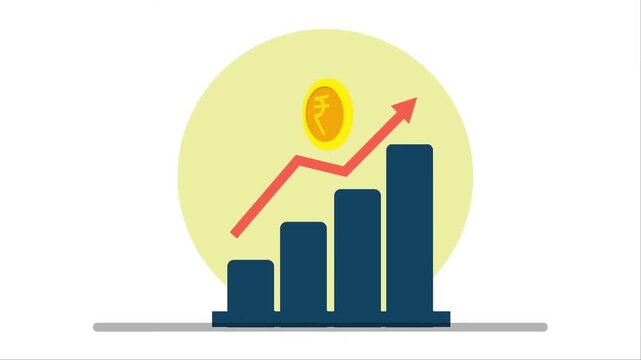 Financial growth chart animation showing rising bar graphs and rupee currency coins with upward trend arrow video footage