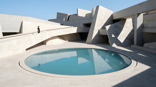 A solitary figure walks along a curved concrete walkway near a round pool  surrounded by abstract geometric buildings casting sharp shadows under clear blue skies