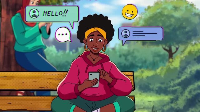Animated black woman sitting on park bench using smartphone messaging friends social media communication video clip