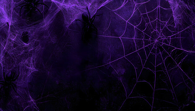Spiders and spider webs on a textured dark purple wall, perfect for Halloween