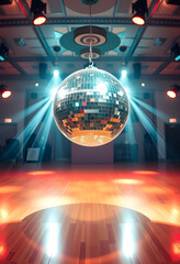 Fototapeta premium Nightlife and party atmosphere, disco ball hanging in a dance hall with stage lighting and wooden floor for music events and celebration entertainment