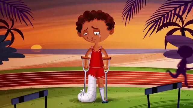 Sad injured young runner standing on track with crutches and cast while other athletes train in sunset motion clip