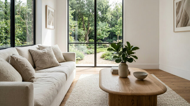Modern living room with large windows overlooking a lush garden