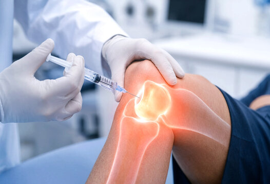 Medical professional administering injection into knee joint for treatment