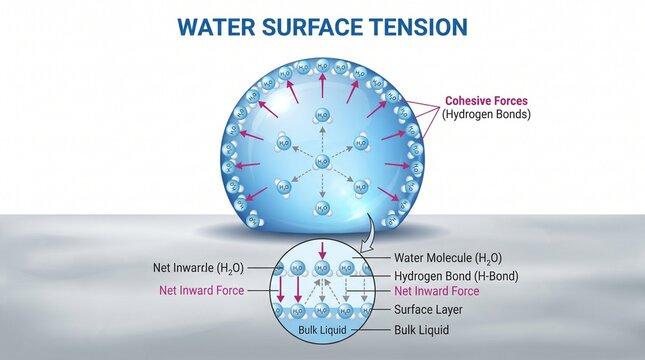 Scientific visual diagram explaining liquid molecular cohesive forces and hydrogen bonding physics
