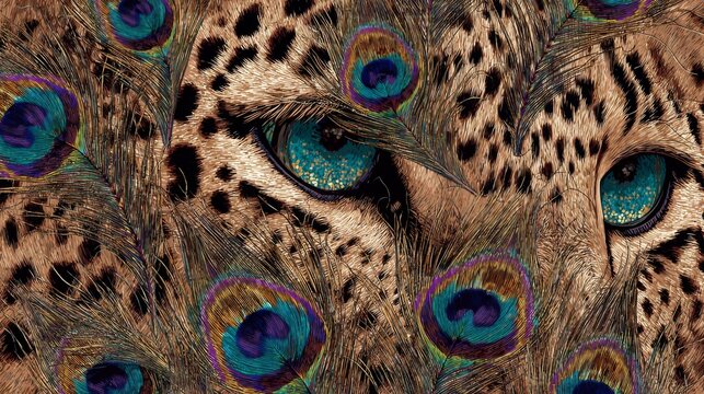 Seamless leopard inspired pattern with peacock feather eye motifs and exotic decorative texture