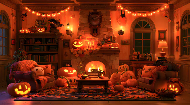 Spooky and cozy, a happy Halloween living room with pumpkins decorations and warm autumnal vibes