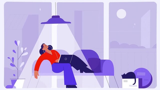 Tired woman sleeping on comfortable couch with laptop during late night work session digital animation video clip