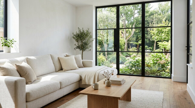 Modern living room with large windows overlooking garden
