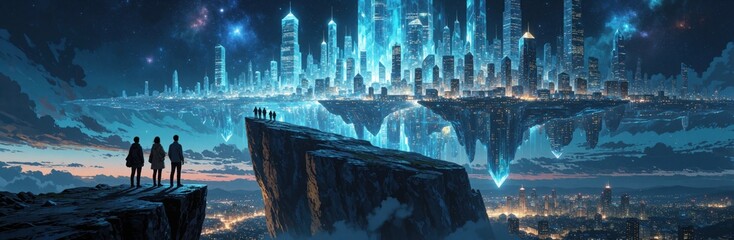Fototapeta premium Group of people stand on cliff edge looking at futuristic floating city in night sky. Glowing skyscrapers hover above landscape with lights. People observe massive sci-fi metropolis over clouds.