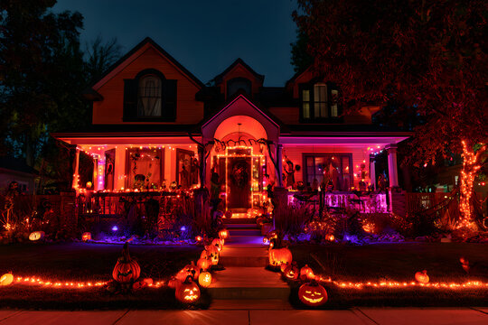 Nighttime glimpse of a residence adorned for Halloween